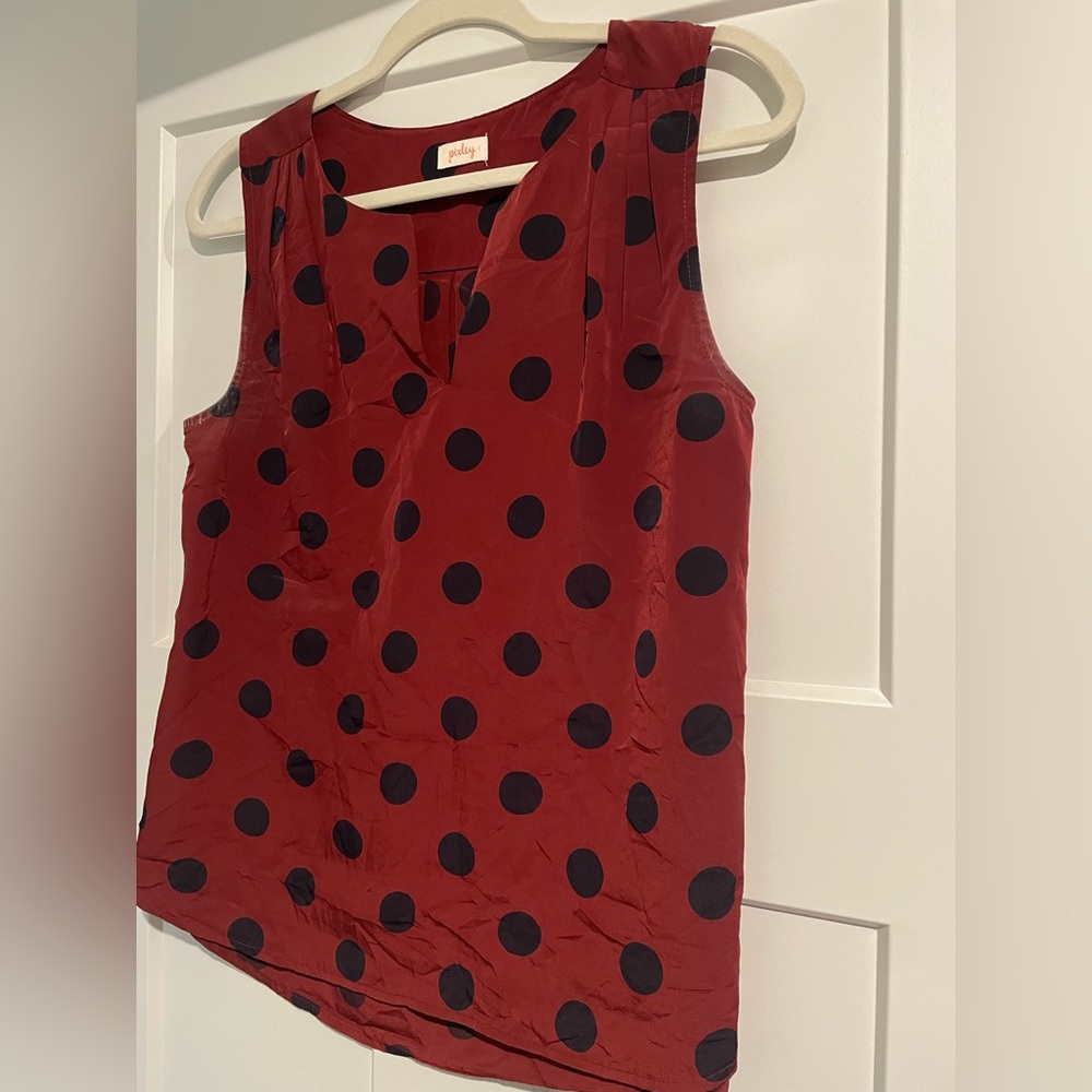 Burgundy Pixley Sleeveless Blouse with Navy Polka Dots, Size Small